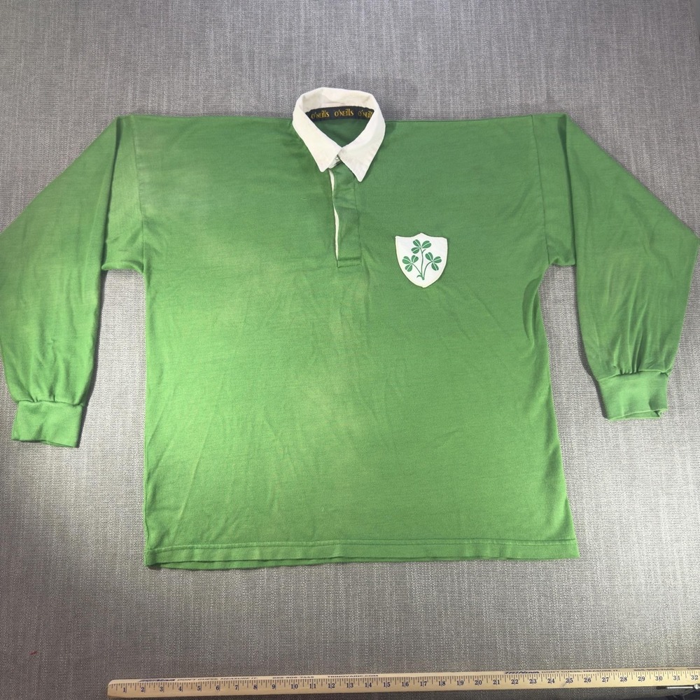 O'Neills Rugby Polo Shirt Mens 2XL Green Irish Shamrock Crest Long Sleeve